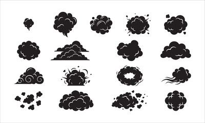 Black comic explosion smoke cloud silhouettes set for animation and design icons. © Sohag