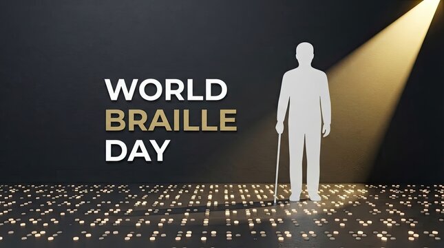 Silhouette person standing on braille pattern celebrating world braille day with spotlight with Silhouette figure stands illuminated Braille dots under focused lighting during awareness event tactile
