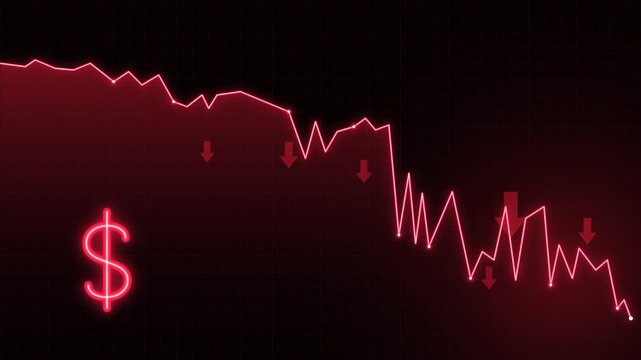 Red neon financial chart showing falling currency value and economic market crash