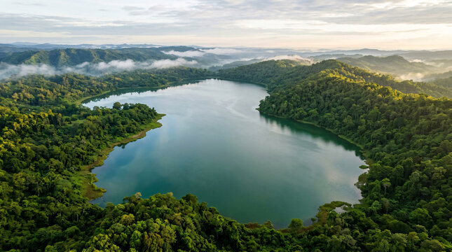 Aerial View of Serene Mountain Lake Surrounded by Lush Green Tropical Forest and Misty Hills at Sunrise