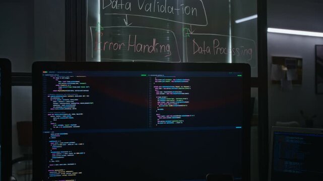 Computer screen displaying programming code tilting down to developer desk with gadgets. Footage suitable for tech startup marketing, IT corporate videos, and software development campaigns