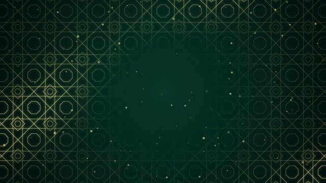 Seamless loop of golden Islamic geometric pattern shimmering on dark green background for Ramadan and Eid