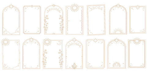 Plakat Golden boho celestial arch frames with mystical stars moon and floral elements decorative vector illustration.