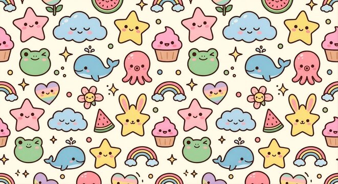 Cute kawaii sea life and sky seamless pattern with adorable octopus frog star cloud rainbow character doodle illustration for nursery wallpaper and wrapping paper