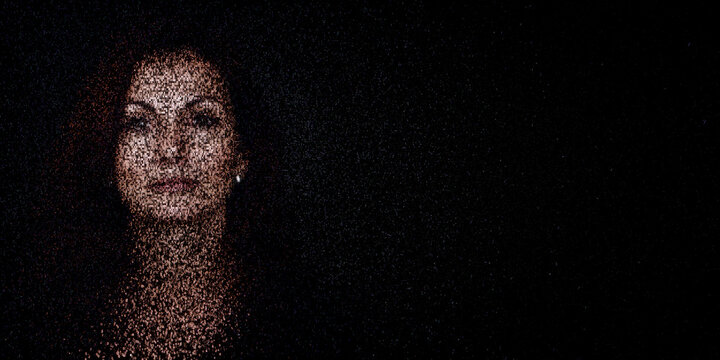Digital ID Portrait of North American Woman with Face made up of Data. Pseudonymization Concept with copy-space.