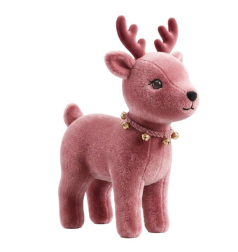 Pink velvet plush reindeer with gold jingle bell collar, soft flocked Christmas toy decoration, isolated on white