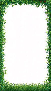 Green leaf and grass frame isolated on white background with clipping path creating fresh natural border for vertical design