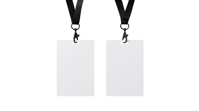 Blank identification card with black neck strap isolated on white background with clipping path for access control and event registration