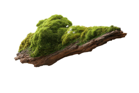 Moss covered log with tiny white flowers isolated on white background with clipping path for fresh woodland nature display
