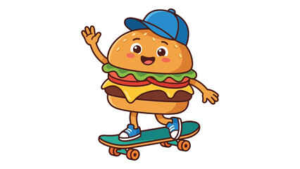 Hamburger character on a skateboard wearing a blue cap © Akhon
