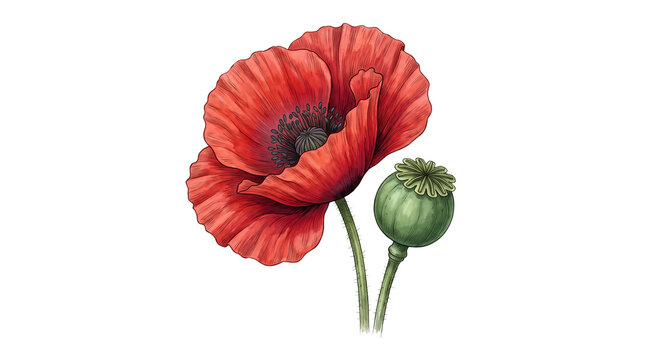 Red poppy flower bloom with green seed pod, botanical poppy blossom illustration, blooming floral element for design isolated PNG with Transparent Background