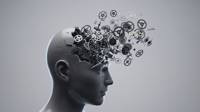 Human head silhouette exploding with intricate clockwork gears representing thought and complex mental processes
