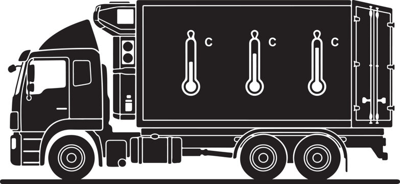 Reefer truck showing multiple Celsius temperature gauges along the side of the refrigerated cargo container.