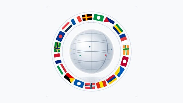 Rotating globe animation with international flags spinning in a loop