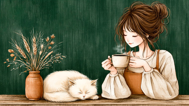 Cozy Autumn Morning with Woman Drinking Coffee and Sleeping White Cat, Vintage Anime Illustration