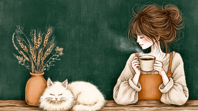 Cozy Autumn Morning with Woman Drinking Coffee and Sleeping White Cat, Vintage Anime Illustration