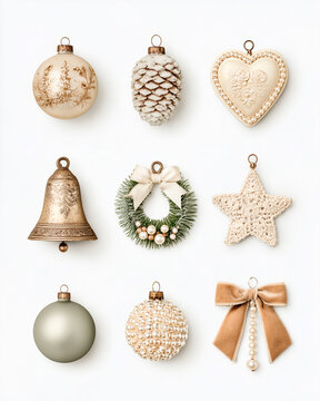 Collection of Nine Vintage Victorian Christmas Ornaments Isolated on White Background