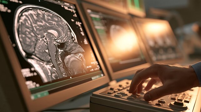Medical imaging technician operating an MRI scanner, analyzing brain scan results on monitors in hospital. Healthcare technology diagnostics