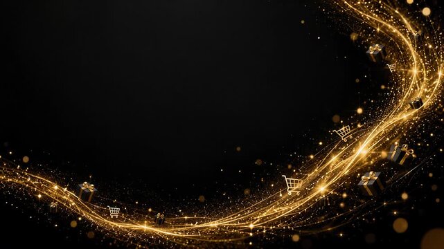Golden shopping carts and gift boxes sweep across a black background. Black Friday sale. Online retail and holiday shopping concept. E-commerce promotion, festive banner.