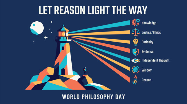 World Philosophy Day vector banner featuring let reason light the way text, lighthouse illuminating knowledge, justice, ethics, curiosity, and wisdom.   