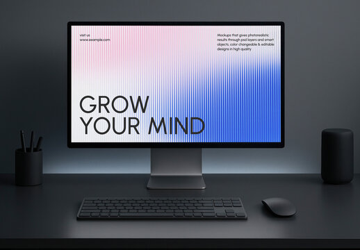 Sleek Desktop Monitor Mockup PSD With Modern Design And Gradient Text