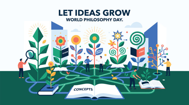 World Philosophy Day vector banner featuring let ideas grow text, growing plants from books, concepts, and people cultivating knowledge.   