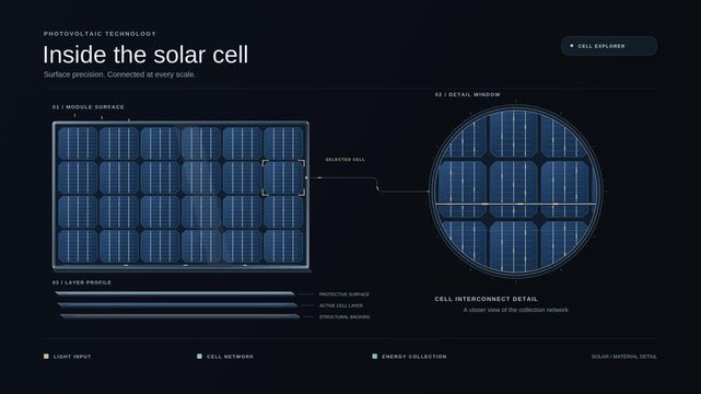 Inside the solar cell infographic showing photovoltaic technology layers and interconnect detail with technical diagrams and blue schematic interface elements on a dark background for engineering and