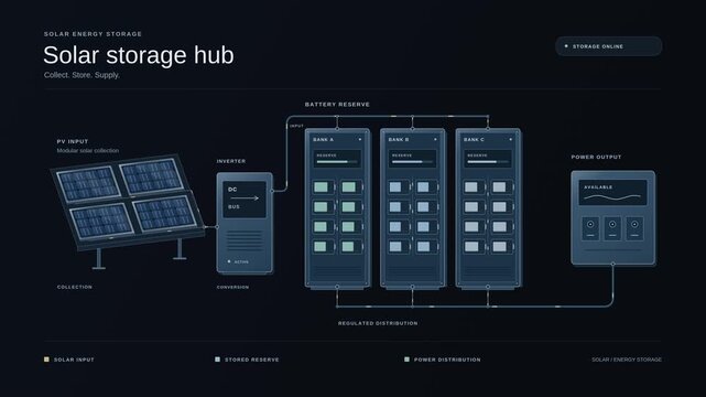Solar storage hub diagram showing photovoltaic panels connected to battery modules and power output interface for renewable energy management system displayed on a dark digital technical infographic b