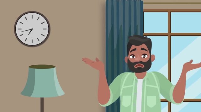 Confused bearded man shrugging shoulders indoors with hands up in a questioning gesture showing uncertainty