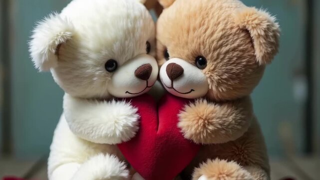 Two toy bears holding a heart on blurred background.