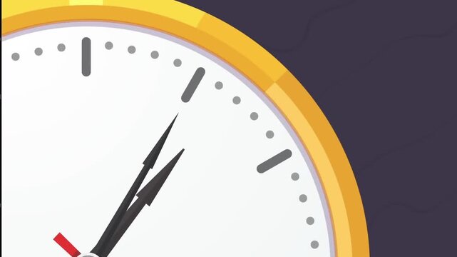 Close up of a yellow analog clock ticking and moving its hands showing the time fast