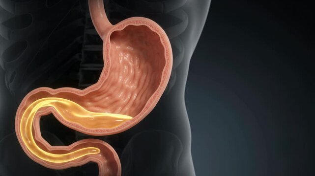Human Stomach Digestion Process - Golden Liquid Moving Through Gastrointestinal Tract - 3D Medical Animation 4K Footage