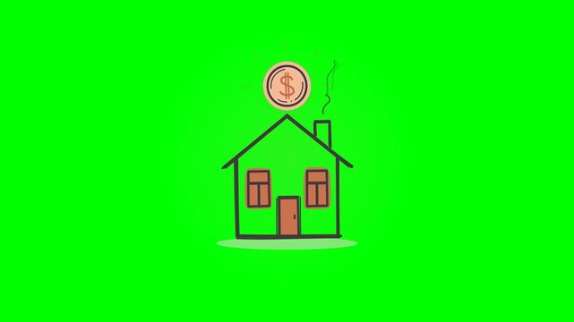 Premium 4K flat sketch vector animation of a cozy home with a floating gold dollar coin sun, rising chimney smoke, and property appreciation growth. S.