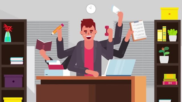 Multitasking office worker smiling while handling multiple tasks simultaneously with many arms at desk