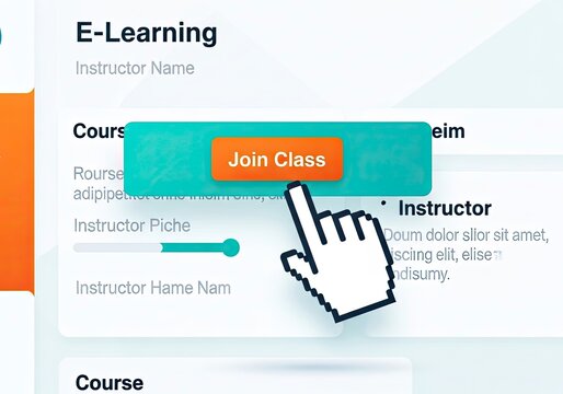 E-learning interface with orange Join Class button and hand cursor icon on white background