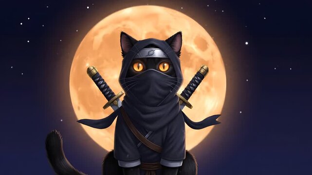 Stealthy Black Ninja Cat in Mask Carrying Katanas Against a Full Glowing Moon in Night Sky Digital Illustration
