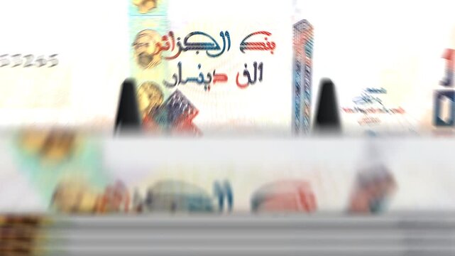 Algeria Dinar Algerian money counting machine with banknotes. Quick 1000 DZD currency note down rotation. Business and economy concept loopable and seamless background.