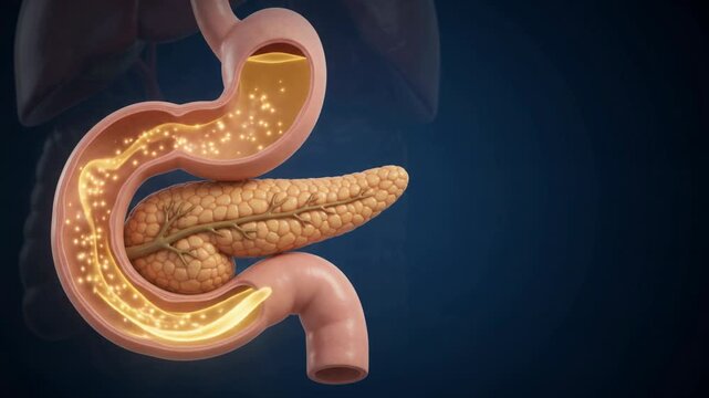 Human Digestive System Anatomy - Glowing Liquid Flowing into Duodenum - 3D Medical Animation 4K Footage