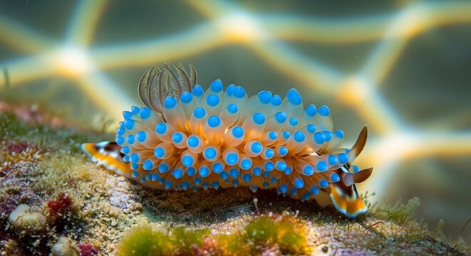 Vibrant sea slug with blue papillae resting on coral reef with dappled sunlight underwater