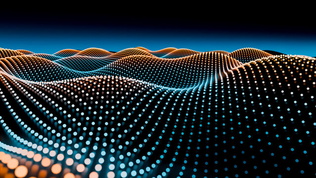 Abstract digital wave with flowing grid of orange and blue dots