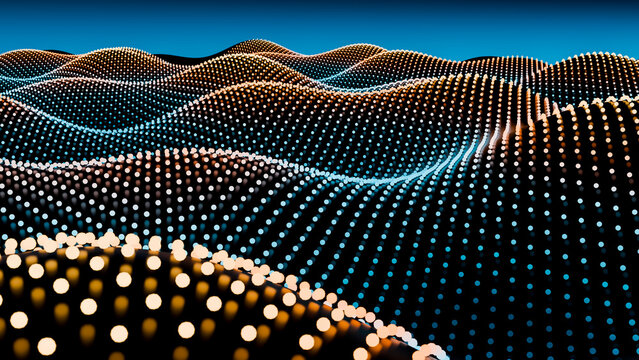 Digital abstract illustration of glowing dot waves forming dynamic