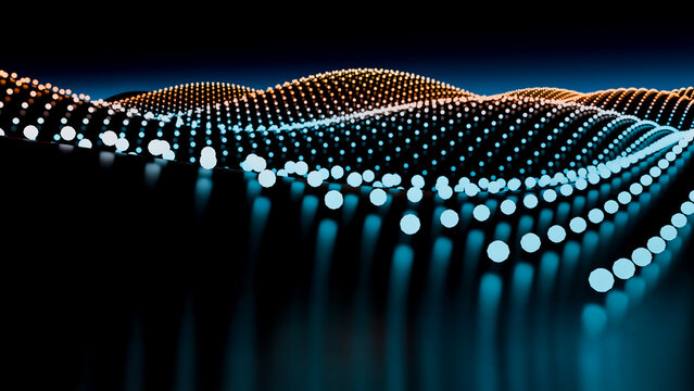 Digital abstract wave of glowing orange and blue light dots