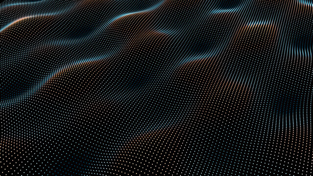 Digital abstract art of wavy dot mesh with blue and orange tones