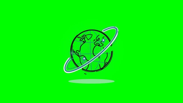 Cinematic 4K flat sketch vector animation of planet Earth globe with a swooshing teal orbit ring, traveling satellite beacon, interactive location map.