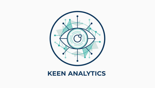 Keen analytics logo with detailed digital eye icon inside circular network representing data visualization and smart monitoring.