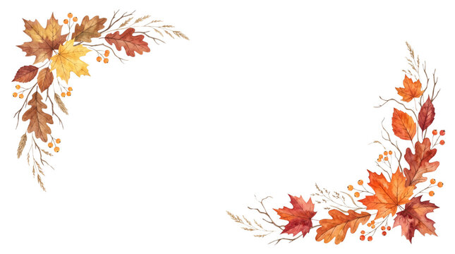 Watercolor autumn leaves corner border, hand painted fall foliage frame, rustic maple and oak leaf seasonal decoration for greeting cards