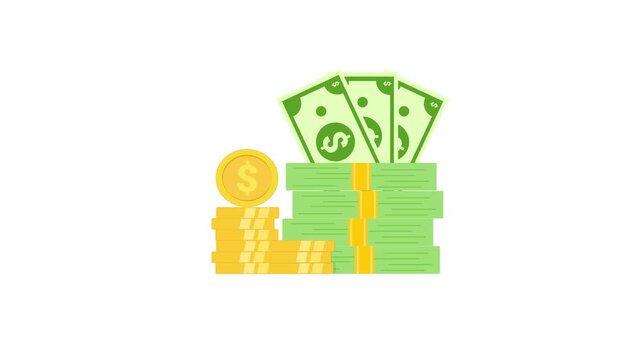 Money stack animated cash profit concept with green dollar bills and gold coins in seamless loop motion on 4k white screen background.