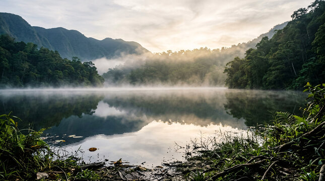Tranquil Mountain Lake Reflecting Tropical Forest and Morning Mist During Golden Sunrise