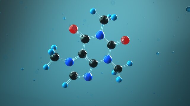 Caffeine Molecule Close Up &ndash; 3D Illustration of Stimulant Chemical Structure