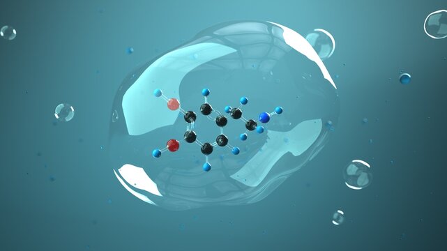 Dopamine molecule 3D render in the bubble and liquid environment. 3d illustration.